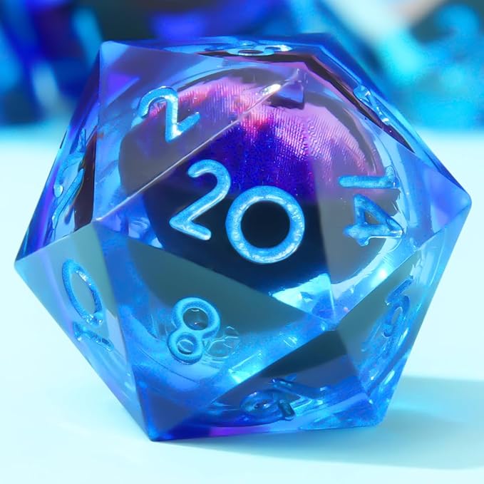 Single Liquid core D20 DND Dice-22MM Dargon Eye 20 sideds Resin Sharp Edged Resin Dice for Dungeons and Dragons, RPG, Polyhedral Roleplaying Games MTG Table Games(Blue Purple)