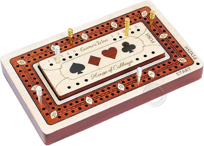 2 Track - Wooden Travel/Pocket Size Cribbage Board - 4 Inch - Inlaid in Maple Wood/Bloodwood with Storage Space for Cribbage Pegs - 60 Points - Non Continuous