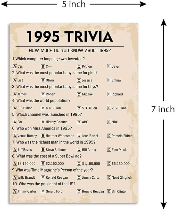 QUPT 30th Birthday Party Games, 1995 Trivia Games, Birthday Party Supplies for Adults, Fun 1995s Party Game，Pack of 30 Cards