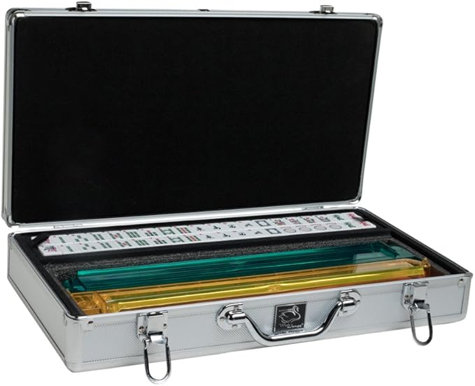 American Mah Jongg Set by White Swan - 166 White/Green Engraved Tiles - 4 x All-in-One Rack/Pushers - Aluminum Case - Silver