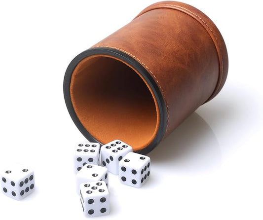 Brown PU Leather Dice Cup Set, Felt Lined Dice Shaker with 6 Dice for Liars Farkle Yahtzee Game