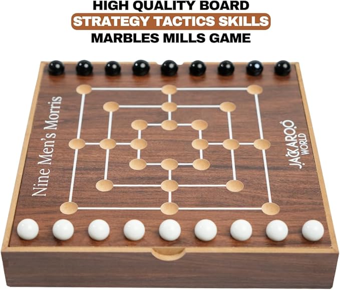 Nine Men's Morris Board Game - 2 Player Game Ancient Rome Board Game - Marble Strategy Game Wooden Tic Tac Teo Game Mill - Board Games for Men and Woman Wooden Games for Adults (Walnut)