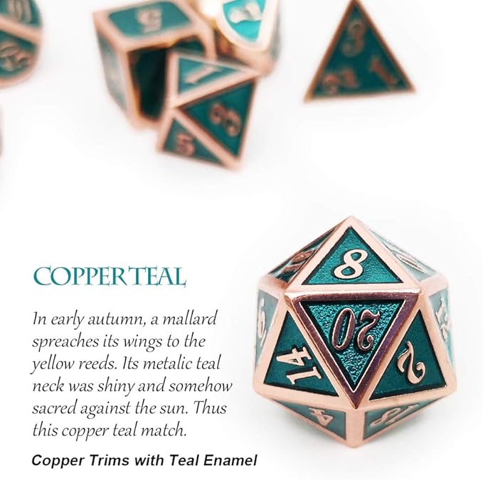 Haxtec DND Metal Dice Set Copper Teal Polyheral Dice for RPG D&D Dungeons and Dragons Gifts W/PU Leather Dice Bag