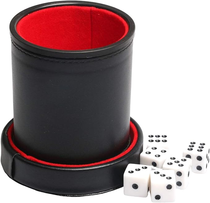 Leatherette Dice Cup with Lid, Includs 16mm Regular Dices, Red Felt Lining Dice Shaker Quiet for Playing Yahtzee/Farkle/Liars Dice/Board Game