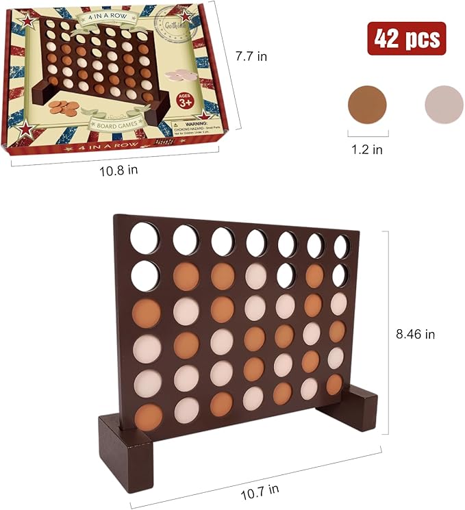 GOTHINK Wooden 4 in a Row Game, Classic Strategy Game for Kids and Adults, Connect The 4 Discs of Same Colour in a Row Perfect for Family Picnics, Camping, Great Travel Game and Gift for All Ages