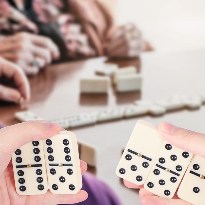 Dominoes Set for Adults, Dominos Set with 28 Ivory Tiles, Double Six Dominos Game Set for Classic Board Game, with White Canvas Bag (2 to 4 Players)