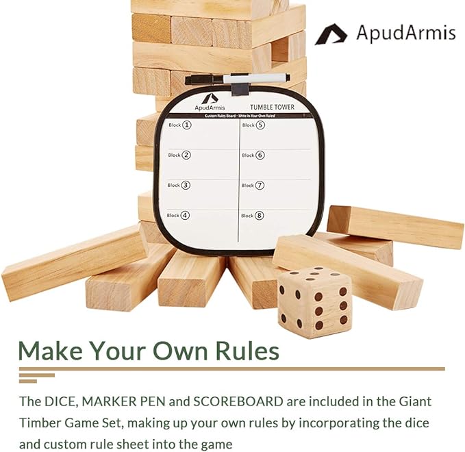 ApudArmis 54 PCS Tumble Timber Set [Stack to 3FT], Pine Wooden Tumble Tower Game with Dice and Scoreboard Set - Classic Block Stacking Board Game for Teens Children Teenagers