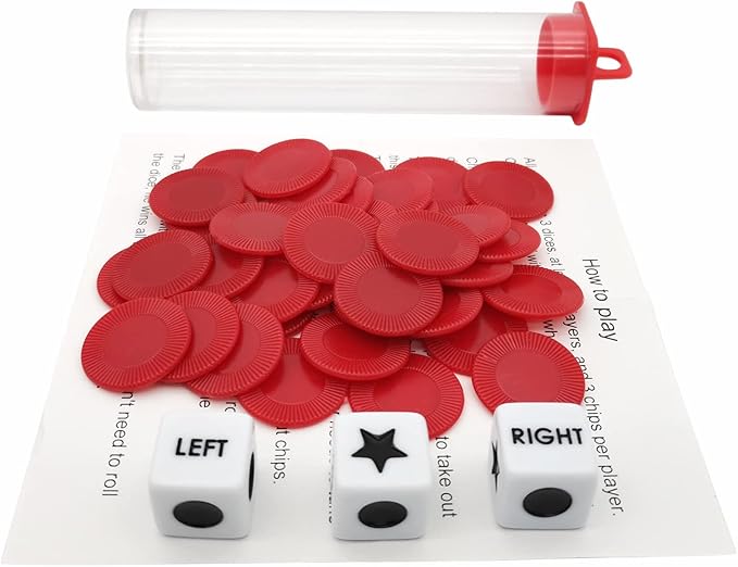Left Right Center Dice Game Prime Set Bundle with 3 Dices + 36 Chips. Round Tube Storage is Very Convenient for Travel. Easy to Store, Carry Around. (Red)