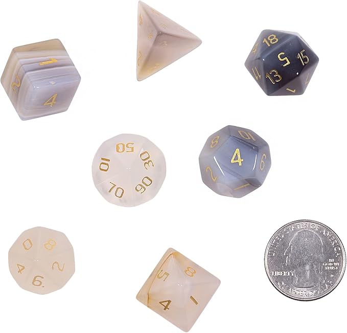 Nupuyai Healing Grey Agate Crystal D&D Polyhedral Dice Set with Box for Dungeons and Dragons, Set of 7 Table Top Game Dice for RPG MTG Roleplaying Collection