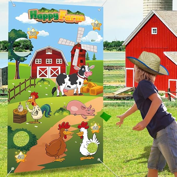 Farm Animals Game, Bean Bag Toss Game with 4 Bean Bags, Farm Animal Party Decorations, Farm Animal Bean Bags for Tossing,Farm Party Favors Kids Outside Activities Farm Games for Outdoor Games