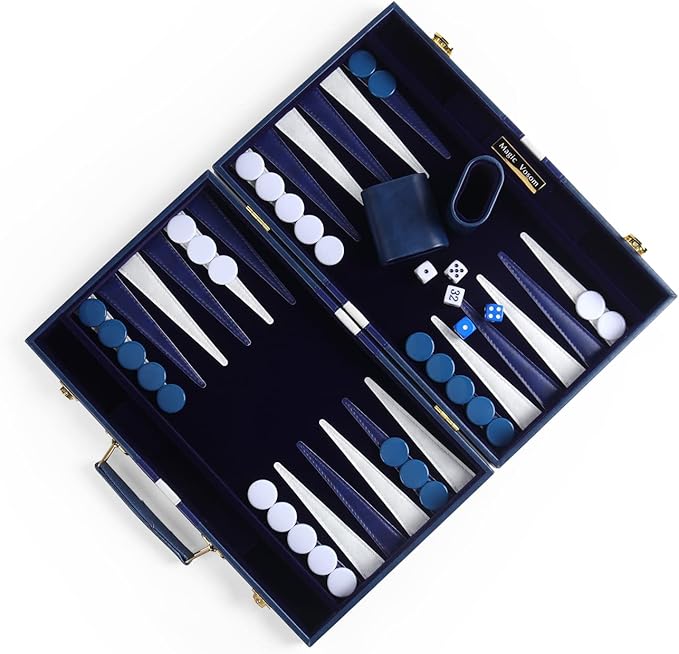 Travel Medium 15 Inch Backgammon Blue Sets Classic Board Game with Premium Leather Case, Portable Travels Strategy Backgammon Game Set for Adults, Kids (Blue, Medium)