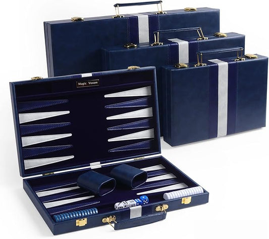 Travel Medium 15 Inch Backgammon Blue Sets Classic Board Game with Premium Leather Case, Portable Travels Strategy Backgammon Game Set for Adults, Kids (Blue, Medium)