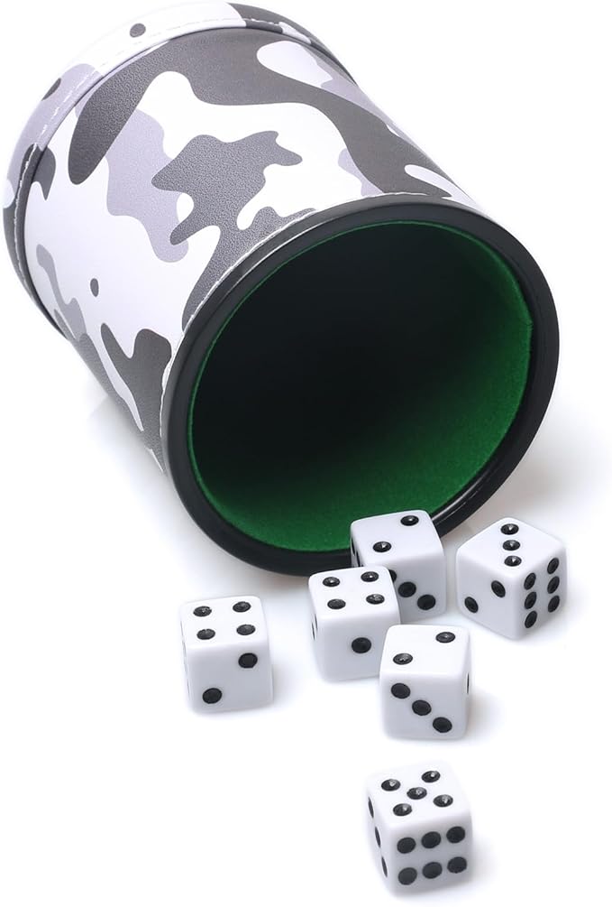 PU Leather Dice Cup Set, Felt Lined Camouflage Dice Shaker with 6 Dice for Liars Farkle Yahtzee Game
