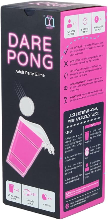 Dare Pong - Drinking Game for Adults, Bachelorette Party Games, Adult Party Games - Full Beer Pong Set and 50 Coasters with Dares - Perfect for White Elephant Gifts for Adults, Couples Games