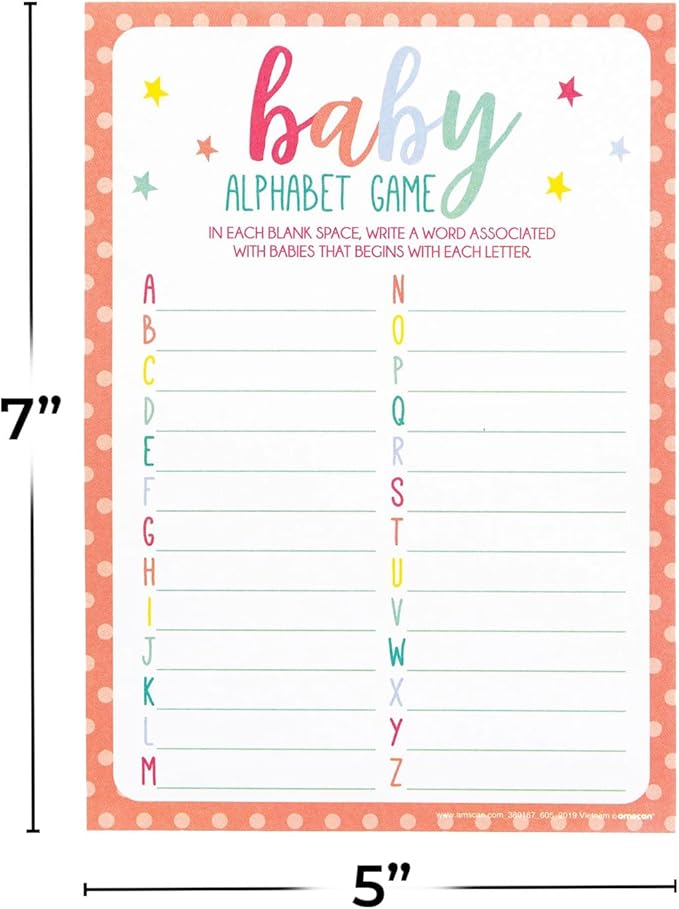 Exciting Multicolor Paper Party Games - 5" x 7" (Pack of 24) - Perfect for Baby Showers, Announcements, Birthdays & Gender Reveal, ABC