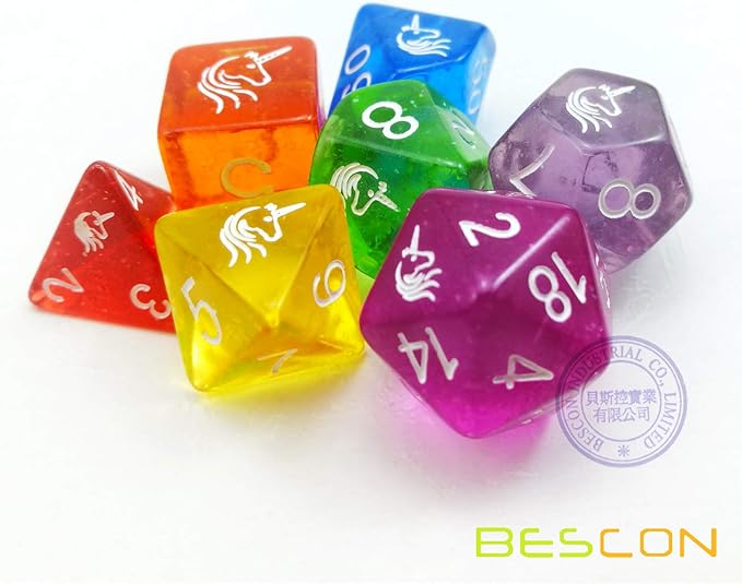 Bescon Colorful Unicorns Rainbow Sparkled Polyhedral D&D Dice Set of 7 RPG Role Playing Game Dice 7pcs Set