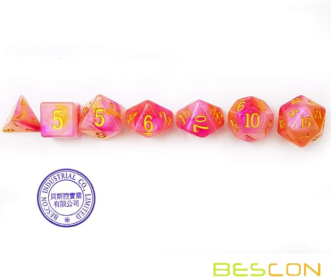 Bescon Magical Stone Dice Set Series, 7pcs Polyhedral RPG Dice Set RoseQuartz, Polybag Packing