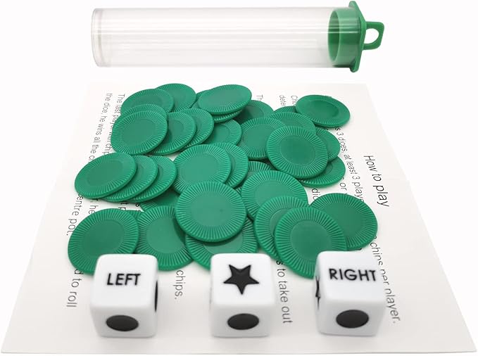Left Right Center Dice Game Prime Set Bundle with 3 Dices + 36 Chips. Round Tube Storage is Very Convenient for Travel. Easy to Store, Carry Around. (Green)
