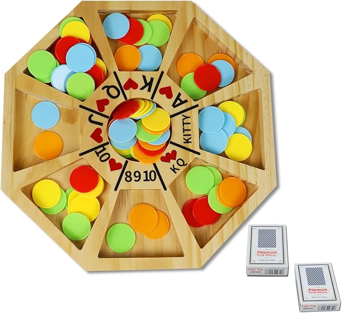 Michigan Rummy Game Deluxe Set Perfect Blend of A Royal Game of Hearts Rummy Poker Wooden Tripoley Board Game Betting Bluffing Game Classical Family Card Game for 100 Chips（Walnut）