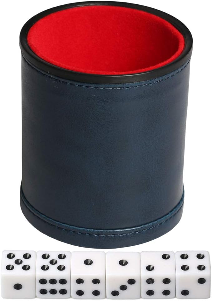 Navy Leatherette Dice Cup Set with 6 Dice Felt Lining Quiet in Shaking for Playing Liars Dice Farkle Yahtzee Board Games