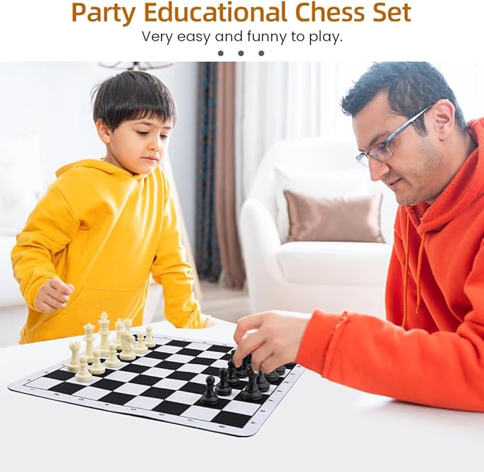 Portable Chess & Checkers Set, 235mm Tournament Roll Up Chess Board with Drawstring Bag, Folding Rollable Chess Set Travel Chess Set for Kids and Adults(Black)