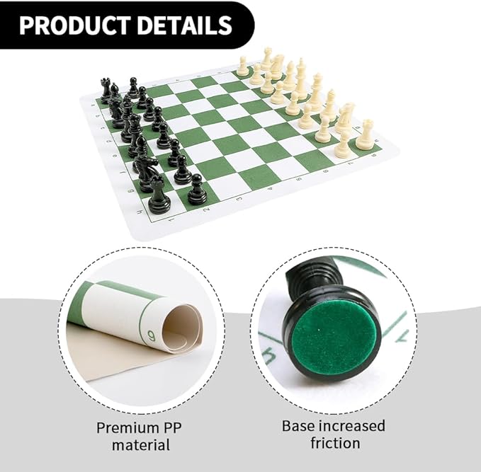 Portable Chess & Checkers Set, 42cm Tournament Chess Mat with Chess & Storage Bag, PU Leather Tournament Roll Up Chess Board Travel Chess Sets(Size:42cm)