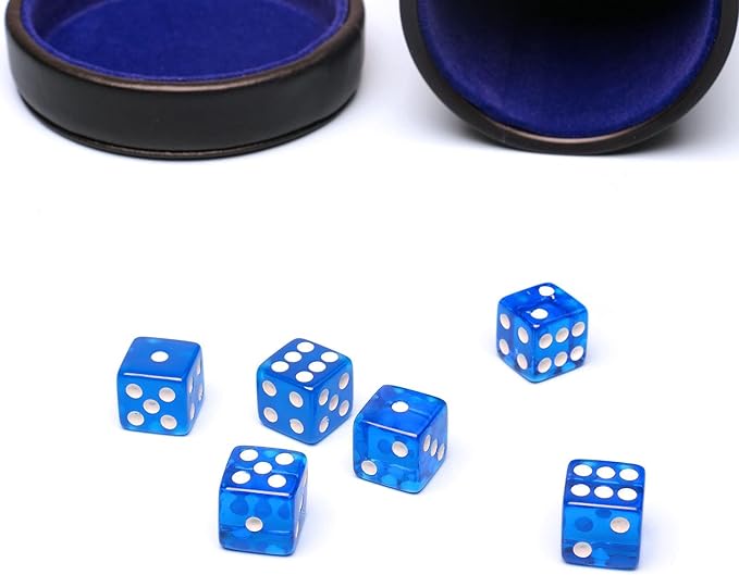 PU Leather Dice Cup with Lid, Blue Velvet Interior Quiet Dice Shaker Cup Including 6 BlueTranslucent Dice for Liars Dice/Farkle/Yahtzee Games, 1 Pack