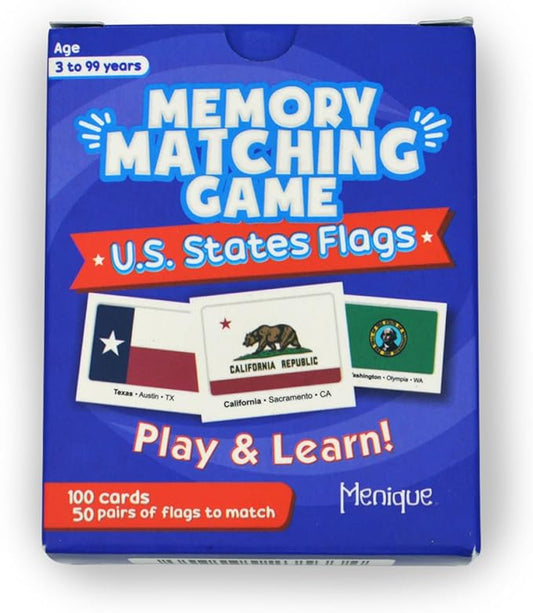 Menique U.S. States Flags Memory Matching Game – 100 Cards (50 Pairs) – Learn State Flags, Capitals & Abbreviations – Educational Card Game for Kids and Adults