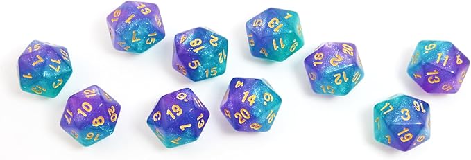 SmartDealsPro 10-Pack 20 Sided Dice D20 Polyhedral Dice for DND RPG MTG Table Game (Glitter Green-Purple)