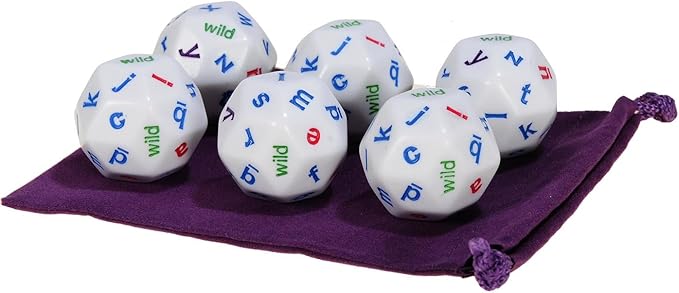 Alphabet Jumbo Dice, 30-Sided, Set of 6 Identical Dice, Purple Velveteen Drawstring Storage Pouch, Bundled Items
