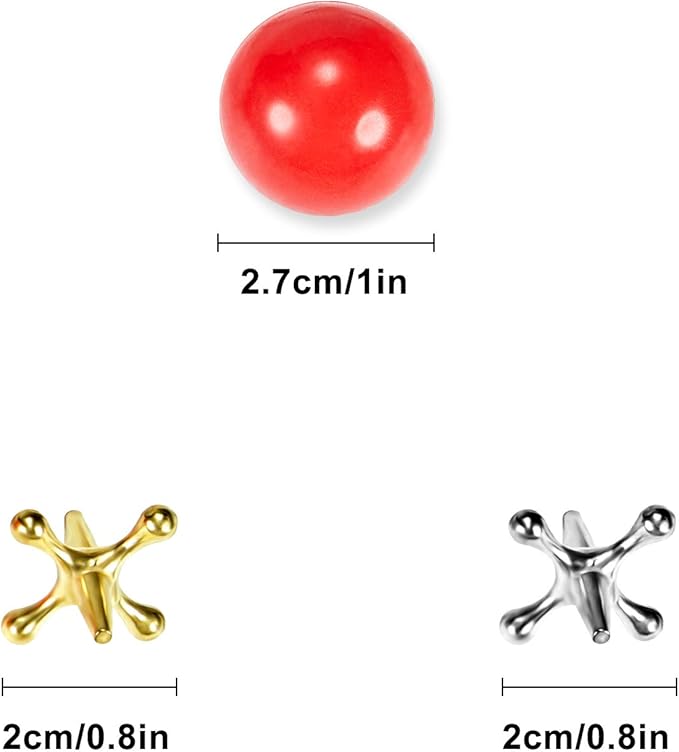 4 Set Vintage Metal Jacks and Ball Toys Kit Retro Jax Game Classic Board Games Include 40 Pieces Metal Jacks and 4 Pieces Red Rubber Balls with Bag for Kids Adults Family Holiday Party Favor
