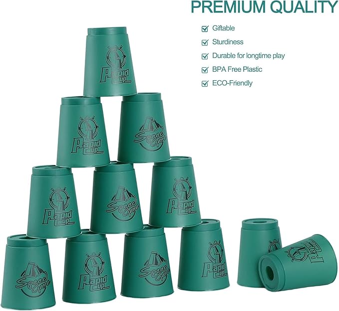 DEWEL Stacking Cup Game, 12pcs Cup Stacking Set, Sport Stacking Cups, Classic Stacking Toy, Family Game, Great Gift Idea for Stack Games Lover, Stacking Cups for Adults, Kids-Blackish Green