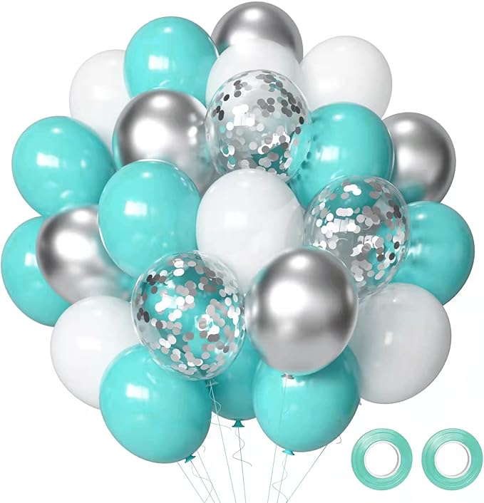 Teal Blue White Balloons, 50Pcs Turquoise Blue White Silver Confetti Latex Balloons for Wedding Bridal Baby Shower Birthday Graduation Party Decorations