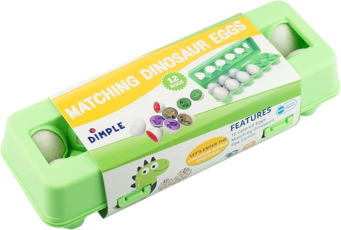 Dimple 12 Dinosaur Egg Matching Toy Play Matching Eggs Easter Toy w/Holder - Egg Toys for Toddlers STEM Egg Toys - Colors & Shapes Recognition for Kids -Educational Color Sorting Toy