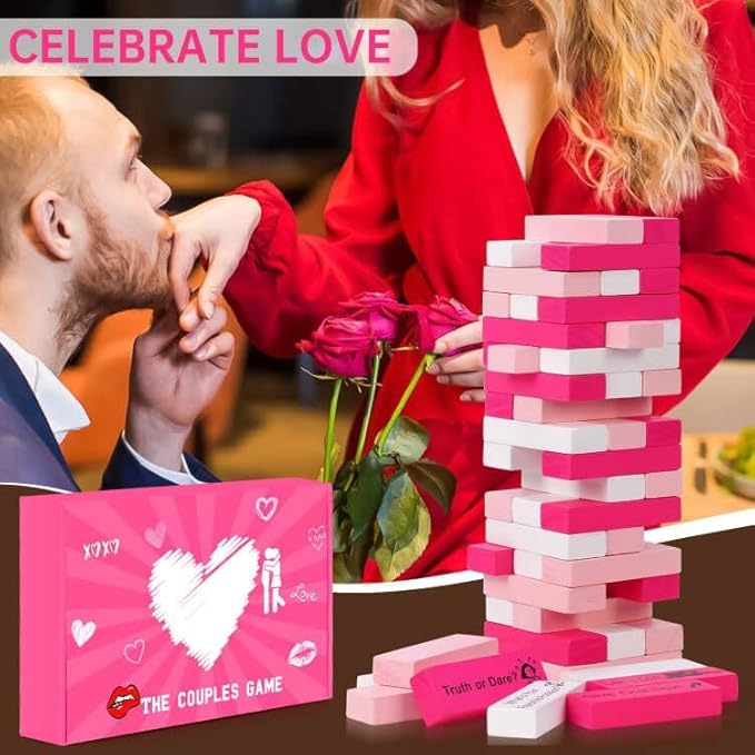 54 Pink & White Wooden Blocks with 6 DIY Challenges, Romantic Stacking Tower for Couples Game Date Night, Valentine Wedding