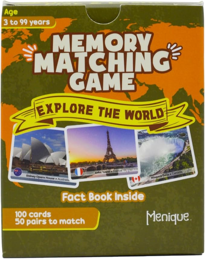 Menique Explore The World Memory Matching Game – 100 Cards (50 Pairs) with Famous Landmarks from 50 Countries – Includes Flag, Country & Place – Educational Geography Game + Informative Booklet