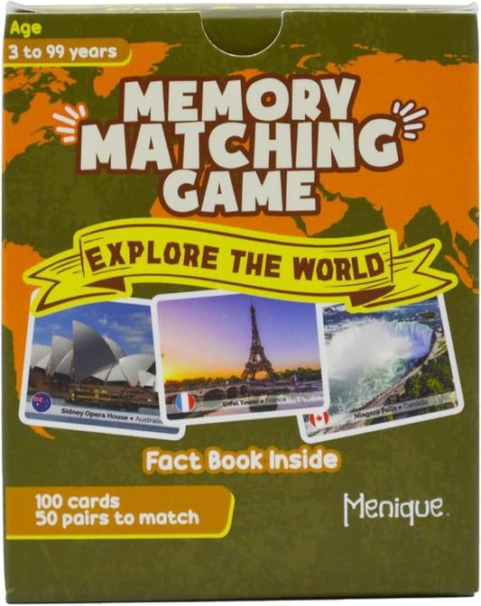 Menique Explore The World Memory Matching Game – 100 Cards (50 Pairs) with Famous Landmarks from 50 Countries – Includes Flag, Country & Place – Educational Geography Game + Informative Booklet