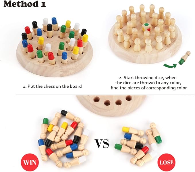Memory Game, Wood Memory Games for Kids Ages 4-8, Board Games for Family Interaction, Matching Games for Toddlers, Color Memory Wooden Chess Board, Birthday Gift for Kids