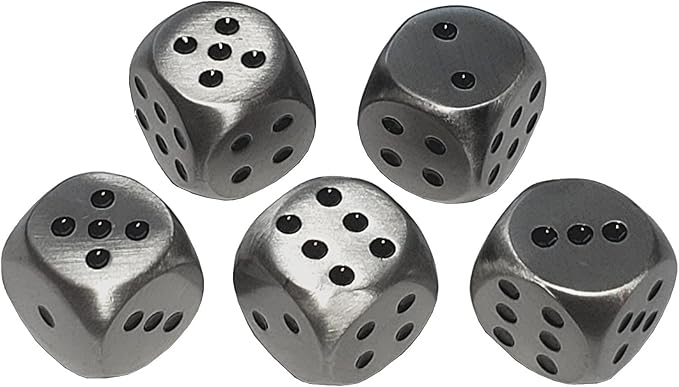 Set of (5) Solid Zinc Alloy Metal Polished Finish 16mm Dice, Rounded Corners with Black Velvet Cloth Pouch