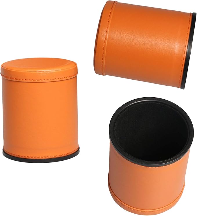 Felt Lined Dice Cup Set Orange PU Leather Dice Rolling Cup with 5 Standard Dot Dices Quiet Shaker for Farkle Yahtzee Bar Party Family Games Play