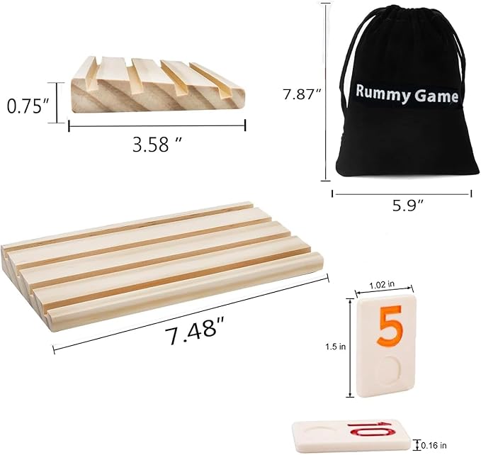 Rummy Game with 4 Wooden Racks/Trays, Rummy Cube with Portable Case 106 Tiles Travel Set with 4 Tiles Holders,Okey Game for 2-4 (Rummy Cube 4 Player Edition)