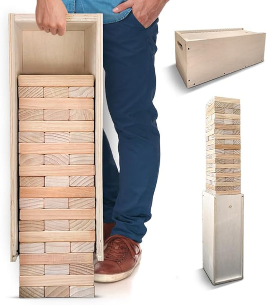 SWOOC Games® - Giant Tower Game with 3-in-1 Straightener, Table & Storage Box - 90% Faster Set Up with Transforming Box & Straightener - Starts at 2-4ft - Grows to Over 6ft - Large Outdoor Yard Games