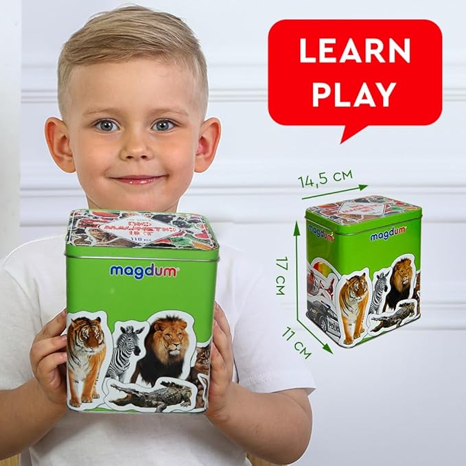 110 Fridge Magnet for Toddlers in Gift Tin Box Kids Magnets for Fridge - Realistic Magnetic Animals for Refrigerator - Safe Educational Materials for Baby: Zoo, Farm, Fruits, Vegetables, Transport