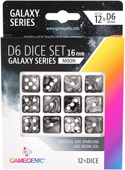 Galaxy Series Moon D6 Dice Set | Set of 12 Six-Sided Dice | Premium Quality Resin Dice for Dice Games, Board Games and Card Games | Cosmic Glittering Design | Black Color | Made by Gamegenic
