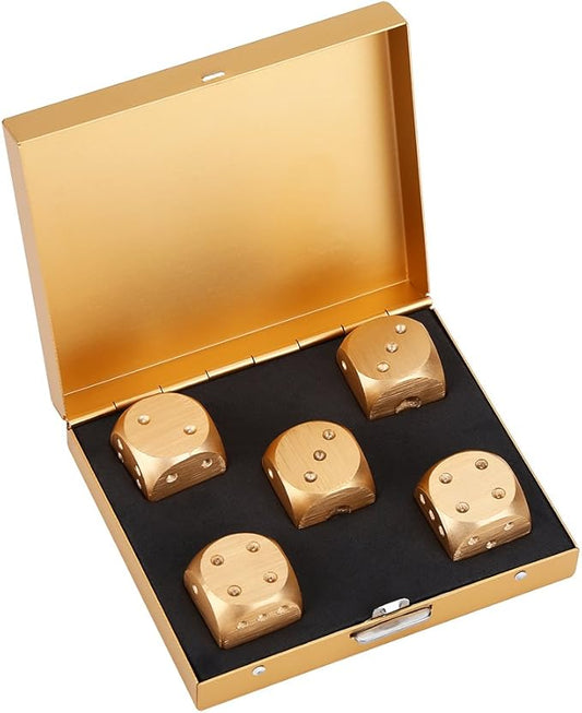 Precision Aluminum Alloy Dice Solid Metal Dice Set Table Game Dice Poker Games Dices Set with Case 5pcs (Gold Square Box) Black and Gold dice