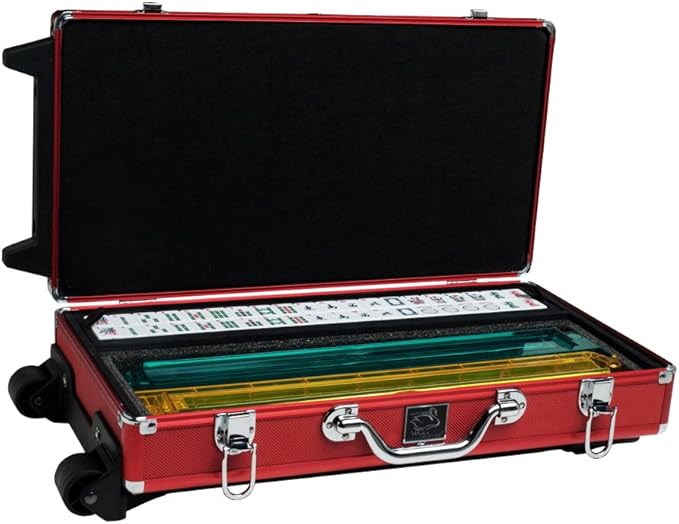 Set - Wheeled Aluminum Case - (White Tiles - Pusher Arms) American Mahjong Game Set, Red