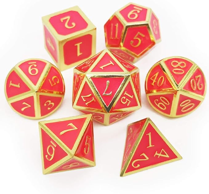 Haxtec Glow in The Dark Metal DND Dice Set Gold Pink D&D Dice for Dungeons and Dragons-Gold Glowing Red/Cream Pink