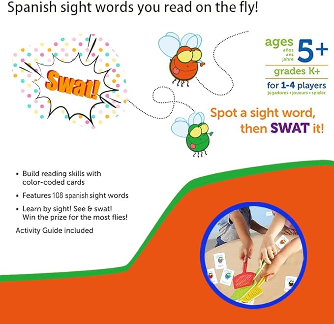 1step2dream Spanish Sight Words Game | 108 Fly Words with 4 Fly Swatters | Swat Educational Learning Games for Classroom,Kids