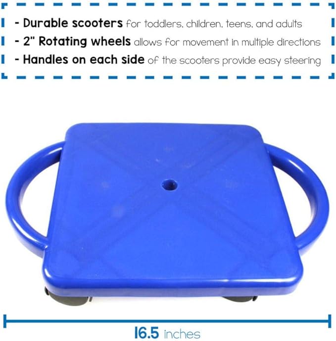 hand2mind Blue Indoor Scooter Board with Safety Handles for Kids Ages 6-12, Plastic Floor Scooter Board with Rollers, Physical Education for Home, Homeschool Supplies (Pack of 1)