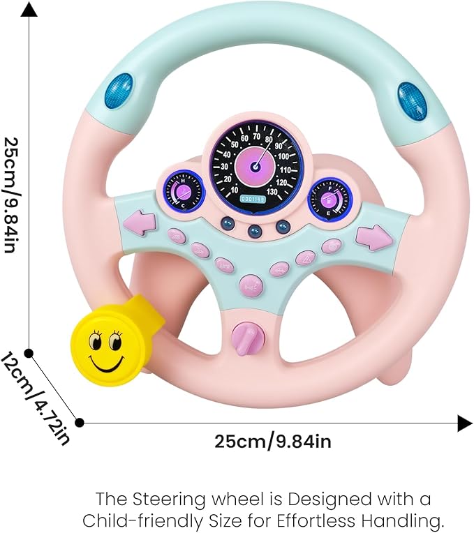 Kids Steering Wheel Toy for Car with Light and Music,Suction Cups Base-Interactive Simulated Driving Toy Steering Wheel for Kids Boys Girls,Pink